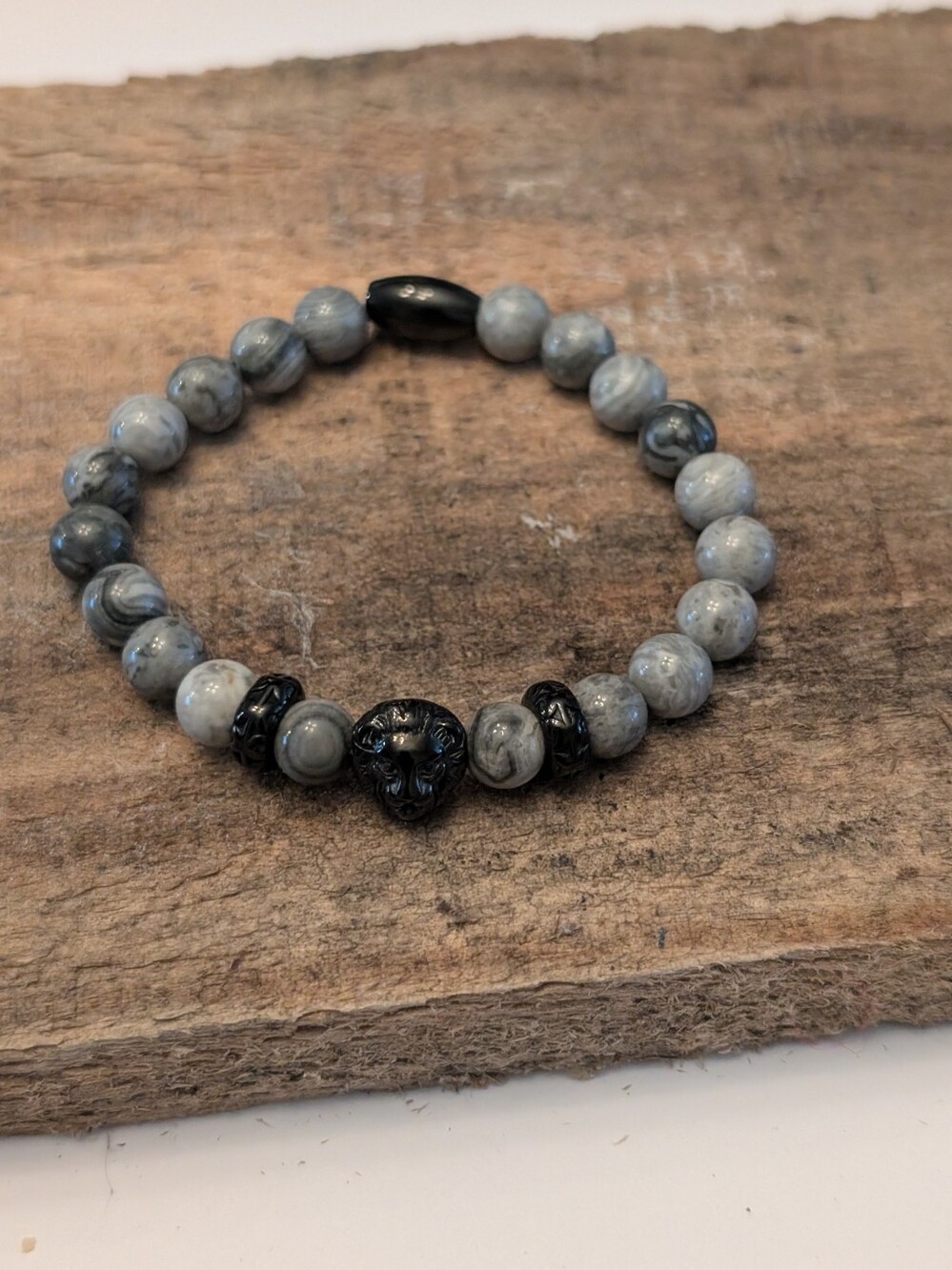 Black and Gray Stone Bead Bracelet with Lion Accent